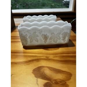 2 Anchor Hocking Fire King Ware Milk Glass Loaf Pan Casserole Planter Grape Vine